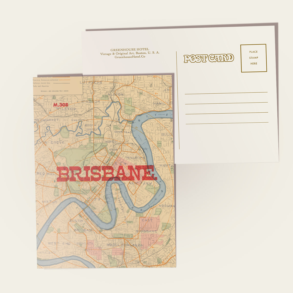 A vintage-style Brisbane postcard featuring a map design with the word 'BRISBANE' in large red letters, shown alongside the back of a postcard with stamp box and writing lines on a light beige background.