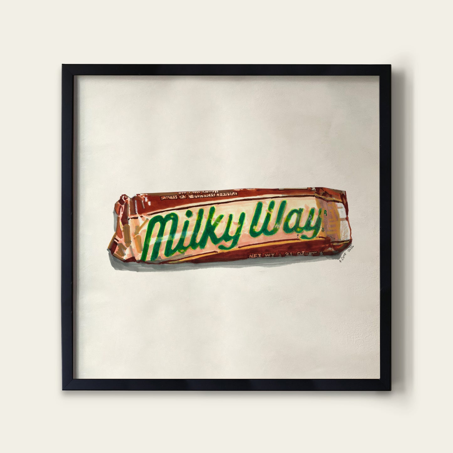 A framed art print depicting a stylized illustration of a Milky Way candy bar on a light background, enclosed in a black frame.