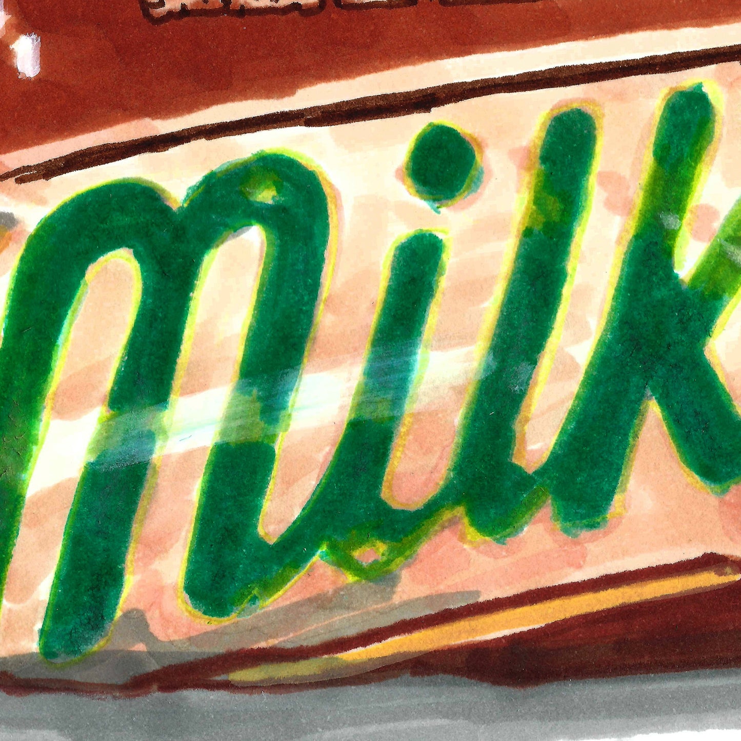 A close-up watercolor-style view of a chocolate bar wrapper with the word "milk" in large green letters on a warm brown and cream background.