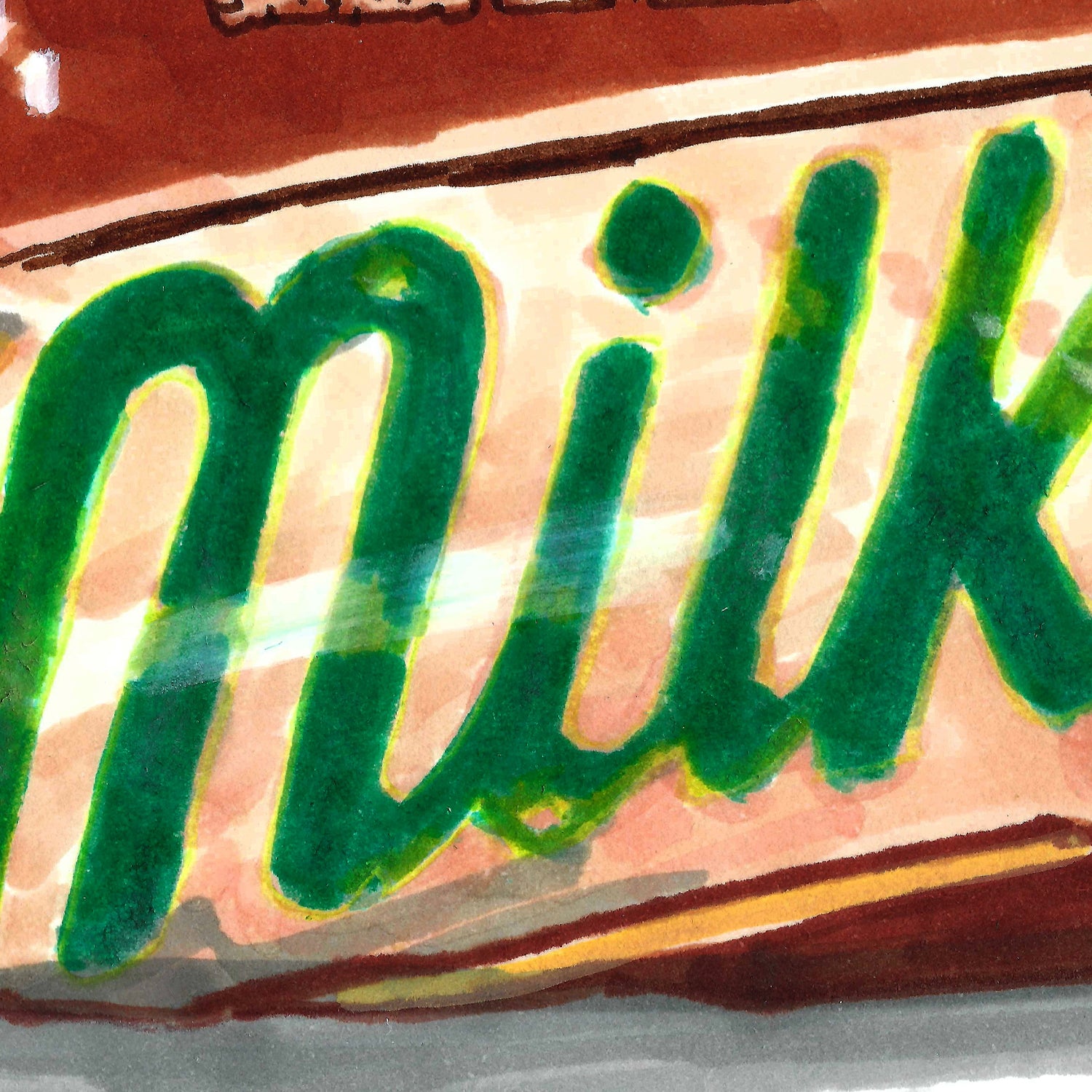 A close-up watercolor-style view of a chocolate bar wrapper with the word "milk" in large green letters on a warm brown and cream background.