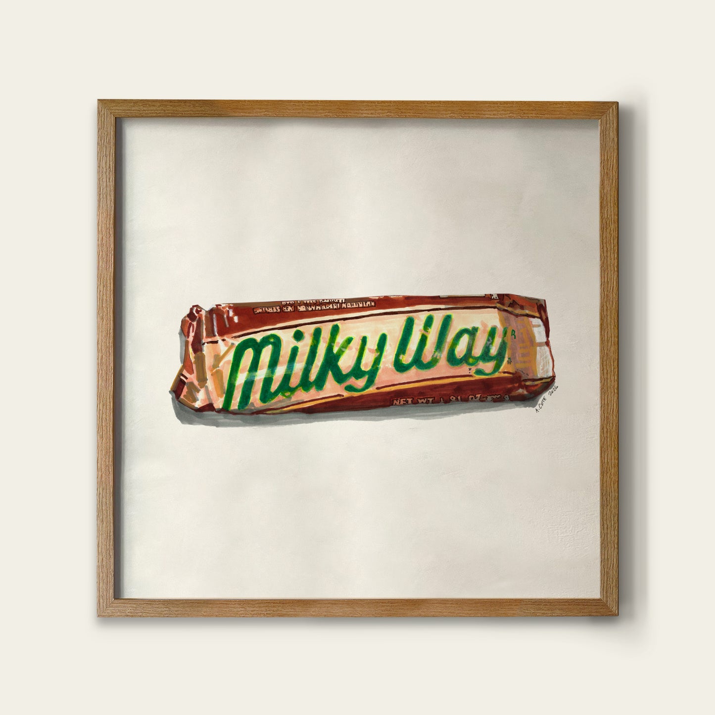 A framed art print depicting a stylized drawing of a Milky Way candy bar on a light background, enclosed in a natural wood frame.