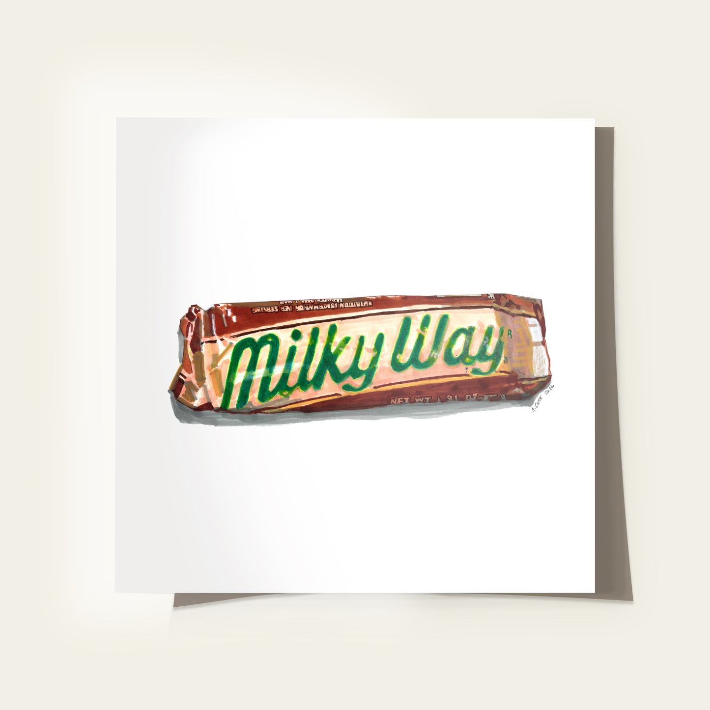 A square art print featuring a watercolor-style illustration of a Milky Way candy bar on a white background, shown against a warm beige wall with a soft shadow.