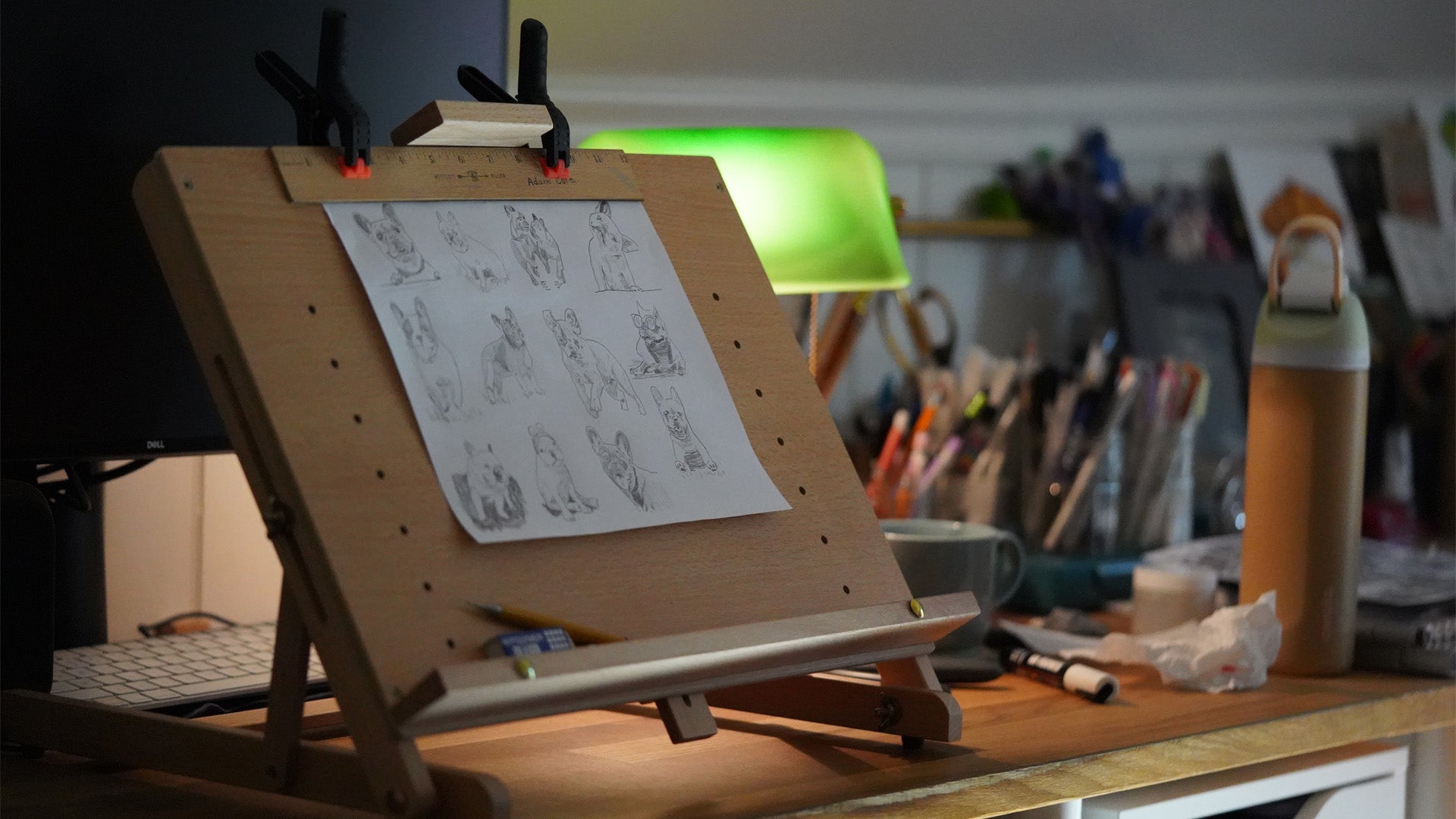 Wooden artist's easel with drawings on a desk with art supplies