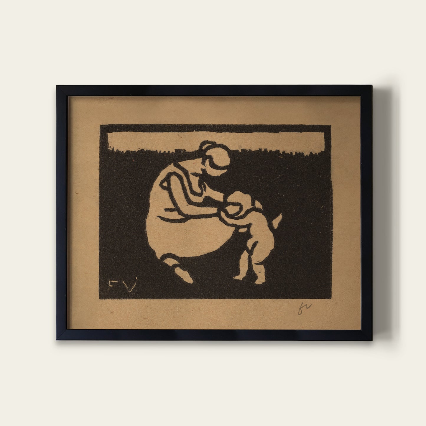 Framed artwork of a woman and child on a plain background