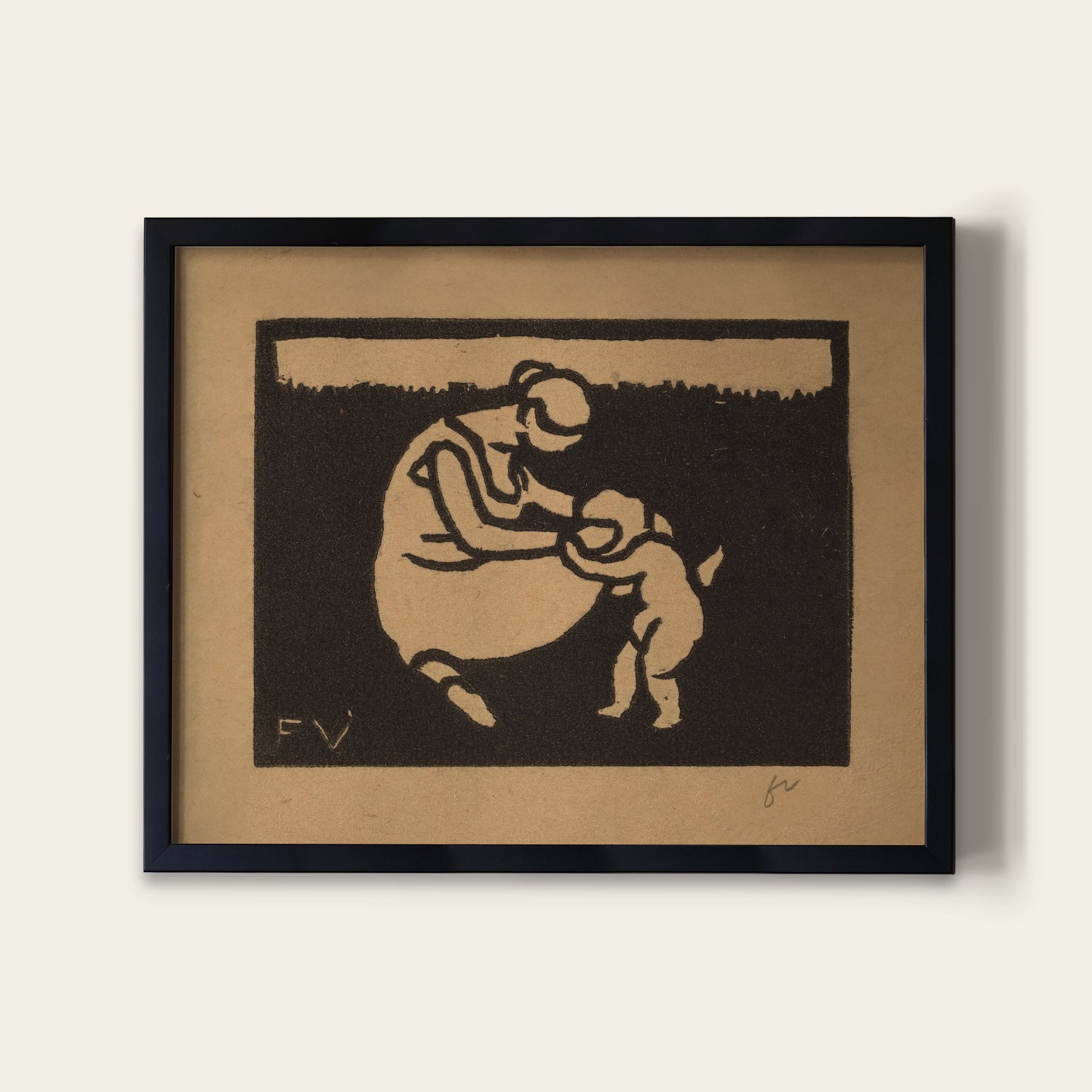 Framed artwork of a woman and child on a plain background