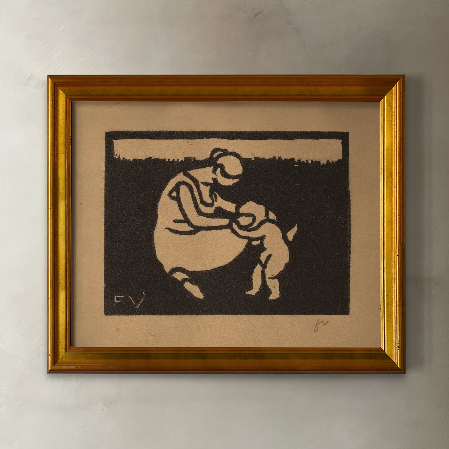 Framed artwork of a mother and child on a beige background