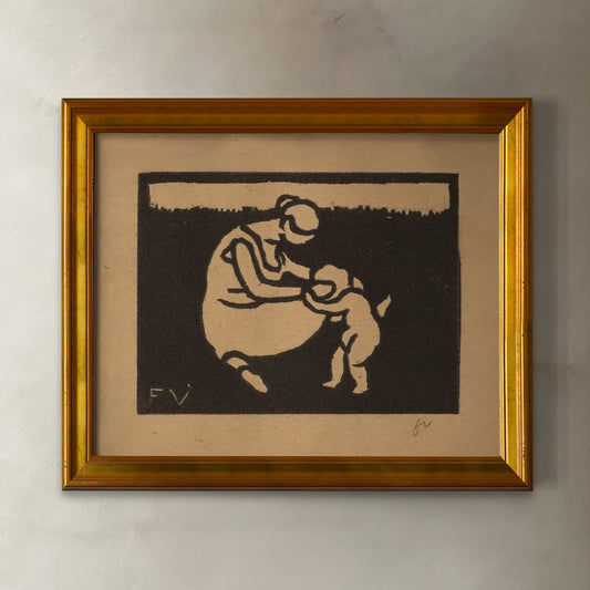 Framed artwork of a mother and child on a beige background